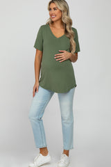 Olive V-Neck Front Pocket Short Sleeve Maternity Top