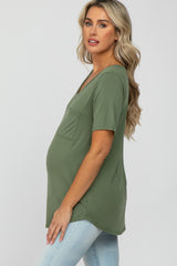 Olive V-Neck Front Pocket Short Sleeve Maternity Top