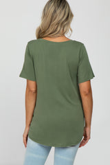 Olive V-Neck Front Pocket Short Sleeve Maternity Top