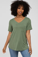 Olive V-Neck Front Pocket Short Sleeve Maternity Top