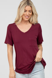 Burgundy V-Neck Front Pocket Short Sleeve Top