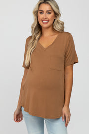 Brown V-Neck Front Pocket Short Sleeve Maternity Top