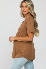 Brown V-Neck Front Pocket Short Sleeve Maternity Top