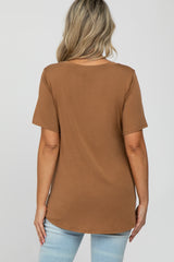 Brown V-Neck Front Pocket Short Sleeve Maternity Top