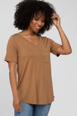 Brown V-Neck Front Pocket Short Sleeve Maternity Top