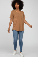 Brown V-Neck Front Pocket Short Sleeve Top