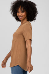 Brown V-Neck Front Pocket Short Sleeve Top