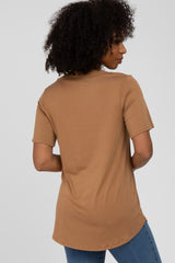 Brown V-Neck Front Pocket Short Sleeve Top