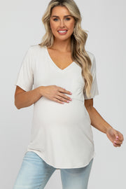 Ivory V-Neck Front Pocket Short Sleeve Maternity Top