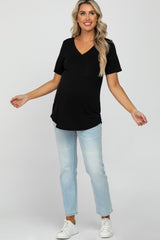 Black V-Neck Front Pocket Short Sleeve Maternity Top