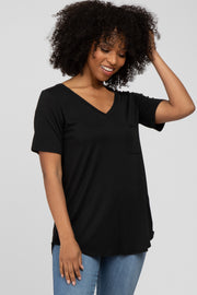 Black V-Neck Front Pocket Short Sleeve Top