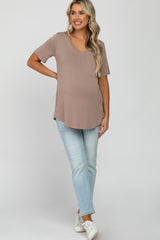 Taupe V-Neck Front Pocket Short Sleeve Maternity Top