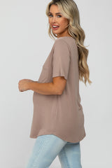 Taupe V-Neck Front Pocket Short Sleeve Maternity Top