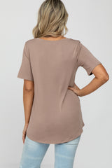 Taupe V-Neck Front Pocket Short Sleeve Maternity Top