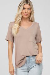 Taupe V-Neck Front Pocket Short Sleeve Maternity Top