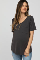 Charcoal V-Neck Front Pocket Short Sleeve Maternity Top