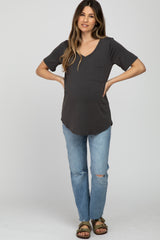 Charcoal V-Neck Front Pocket Short Sleeve Maternity Top