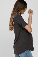 Charcoal V-Neck Front Pocket Short Sleeve Maternity Top