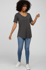 Charcoal V-Neck Front Pocket Short Sleeve Top