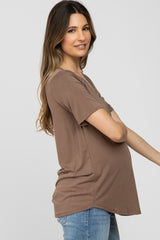 Mocha V-Neck Front Pocket Short Sleeve Maternity Top