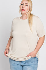 Beige Crew Neck Front Pocket Short Sleeve Plus Top