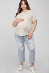 Beige Crew Neck Front Pocket Short Sleeve Maternity Plus Top