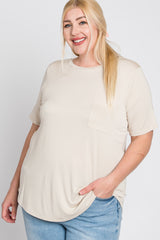 Beige Crew Neck Front Pocket Short Sleeve Maternity Plus Top