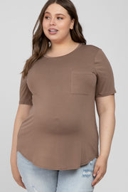 Mocha Crew Neck Front Pocket Short Sleeve Maternity Plus Top