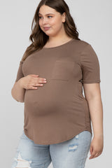 Mocha Crew Neck Front Pocket Short Sleeve Maternity Plus Top