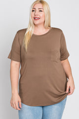 Mocha Crew Neck Front Pocket Short Sleeve Plus Top