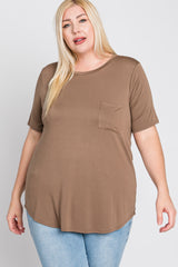 Mocha Crew Neck Front Pocket Short Sleeve Plus Top