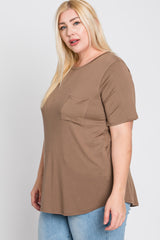 Mocha Crew Neck Front Pocket Short Sleeve Plus Top