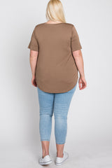 Mocha Crew Neck Front Pocket Short Sleeve Plus Top