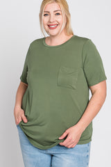 Light Olive Crew Neck Front Pocket Short Sleeve Plus Top