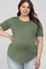 Light Olive Crew Neck Front Pocket Short Sleeve Maternity Plus Top