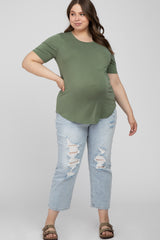 Light Olive Crew Neck Front Pocket Short Sleeve Maternity Plus Top