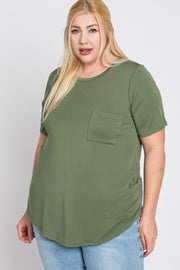 Light Olive Crew Neck Front Pocket Short Sleeve Plus Top