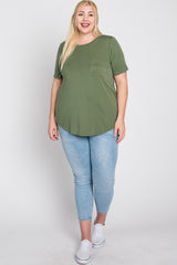 Light Olive Crew Neck Front Pocket Short Sleeve Plus Top