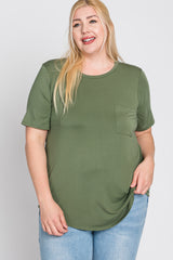 Light Olive Crew Neck Front Pocket Short Sleeve Plus Top