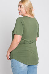 Light Olive Crew Neck Front Pocket Short Sleeve Plus Top