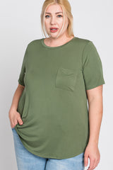 Light Olive Crew Neck Front Pocket Short Sleeve Plus Top