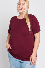 Burgundy Crew Neck Front Pocket Short Sleeve Plus Top