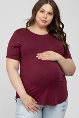 Burgundy Crew Neck Front Pocket Short Sleeve Maternity Plus Top