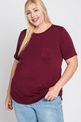 Burgundy Crew Neck Front Pocket Short Sleeve Maternity Plus Top