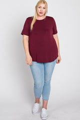 Burgundy Crew Neck Front Pocket Short Sleeve Plus Top