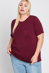 Burgundy Crew Neck Front Pocket Short Sleeve Plus Top