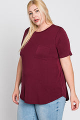 Burgundy Crew Neck Front Pocket Short Sleeve Plus Top