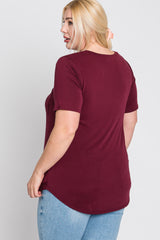 Burgundy Crew Neck Front Pocket Short Sleeve Plus Top