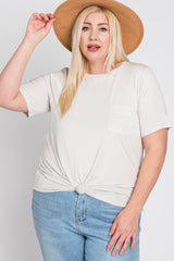 Ivory Crew Neck Front Pocket Short Sleeve Plus Top