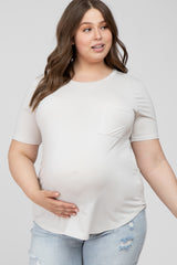 Ivory Crew Neck Front Pocket Short Sleeve Maternity Plus Top